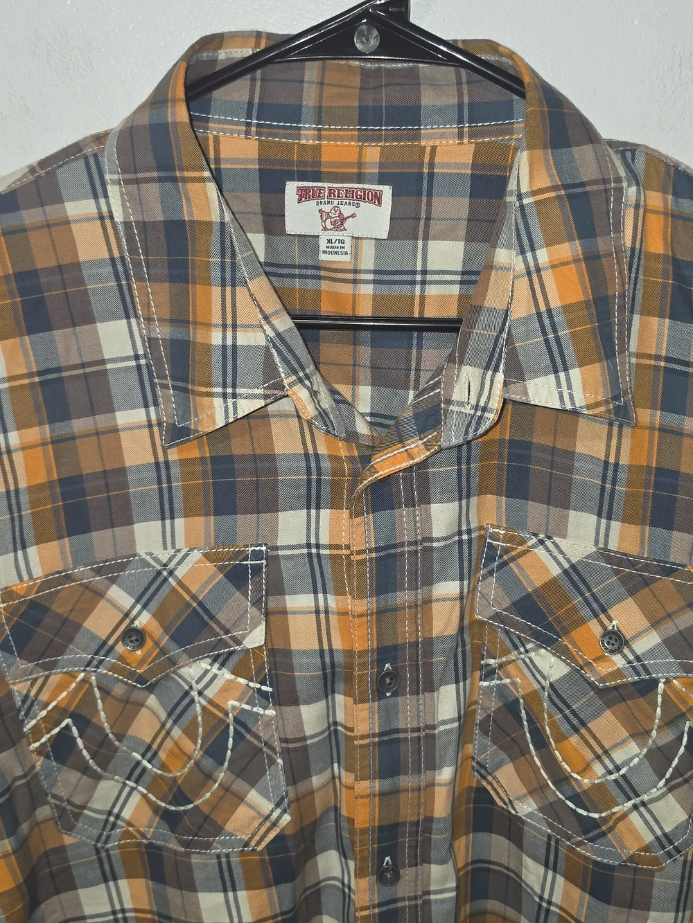 True Religion Men's Orange Plaid Long Sleeve Utility Button Down Shirt Size XL